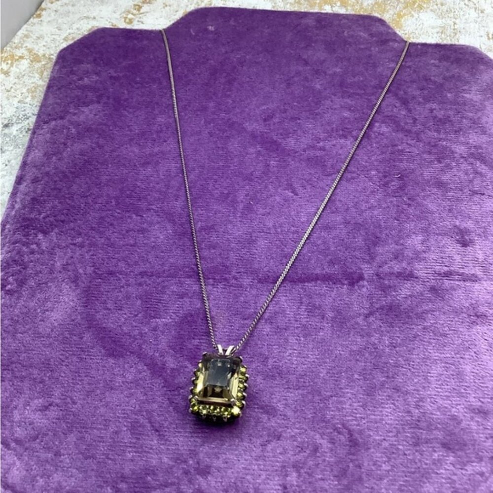 Vintage Sterling Pendant Necklace Smoke Topaz and Peridot